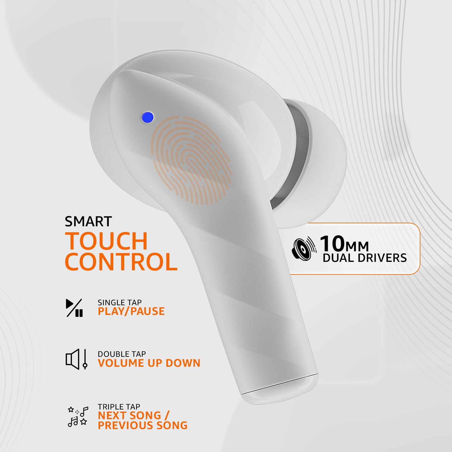 amazon basics TWS in-Ear Earbuds AB-T10 with Fast Charging up to 50 Hours of Playtime Dual 10mm Driver IPX4 Water-Resistance Bluetooth 53 Charging Case with Mic Touch Control White