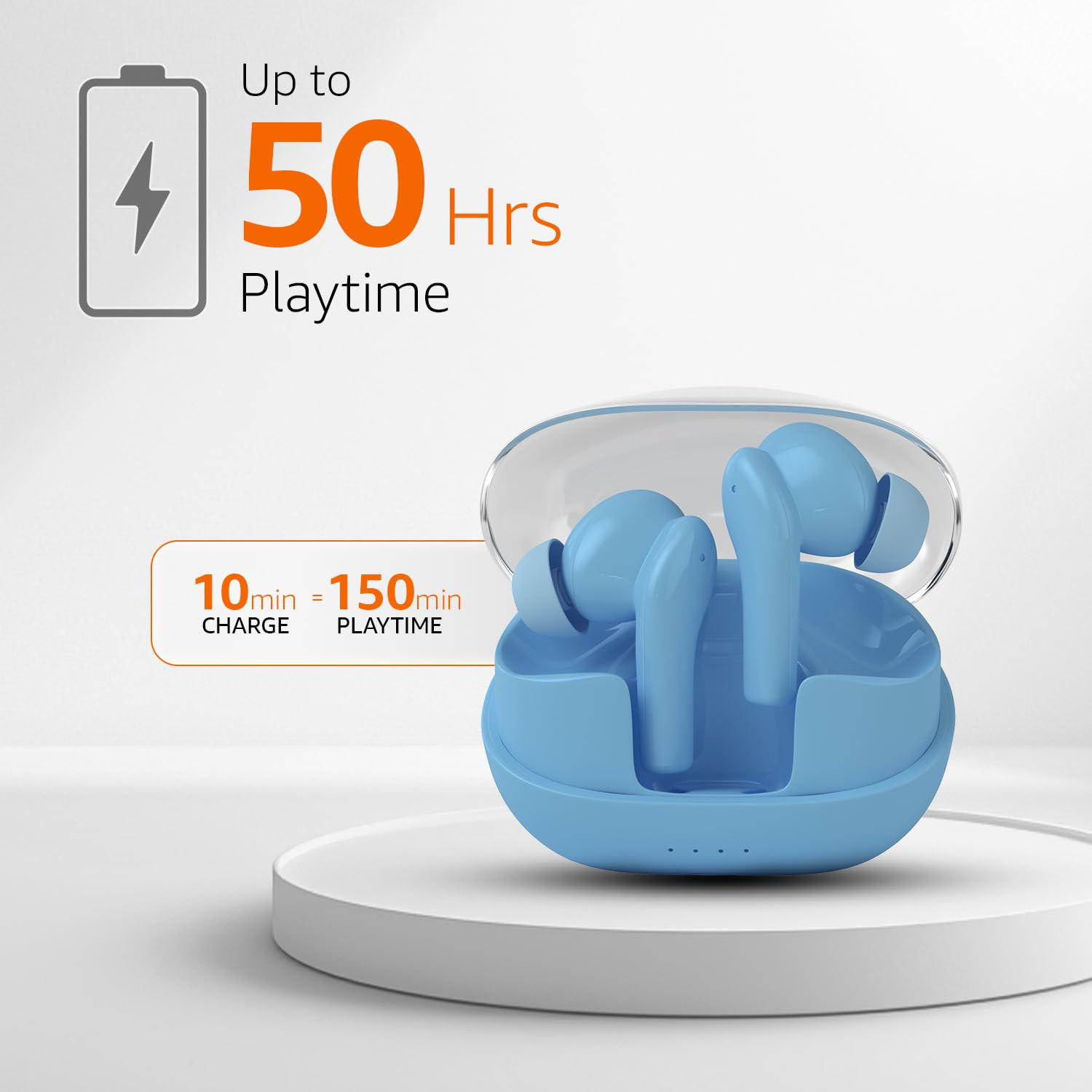 amazon basics TWS in-Ear Earbuds P50 with Fast Charging up to 50 Hours of Playtime Dual 10mm Driver IPX4 Water-Resistance Bluetooth 53 Quad Mic with ENC Touch Control Light Blue