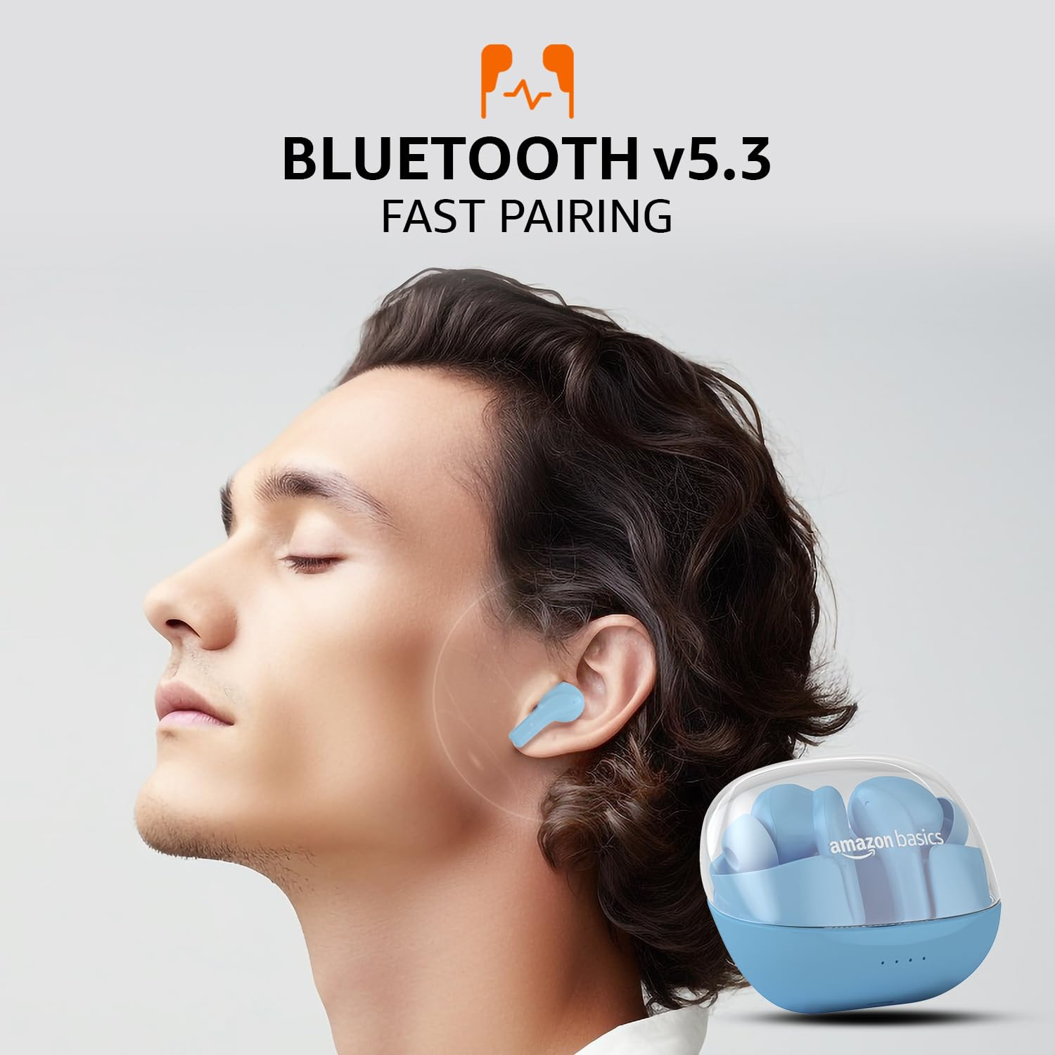 amazon basics TWS in-Ear Earbuds P50 with Fast Charging up to 50 Hours of Playtime Dual 10mm Driver IPX4 Water-Resistance Bluetooth 53 Quad Mic with ENC Touch Control Light Blue