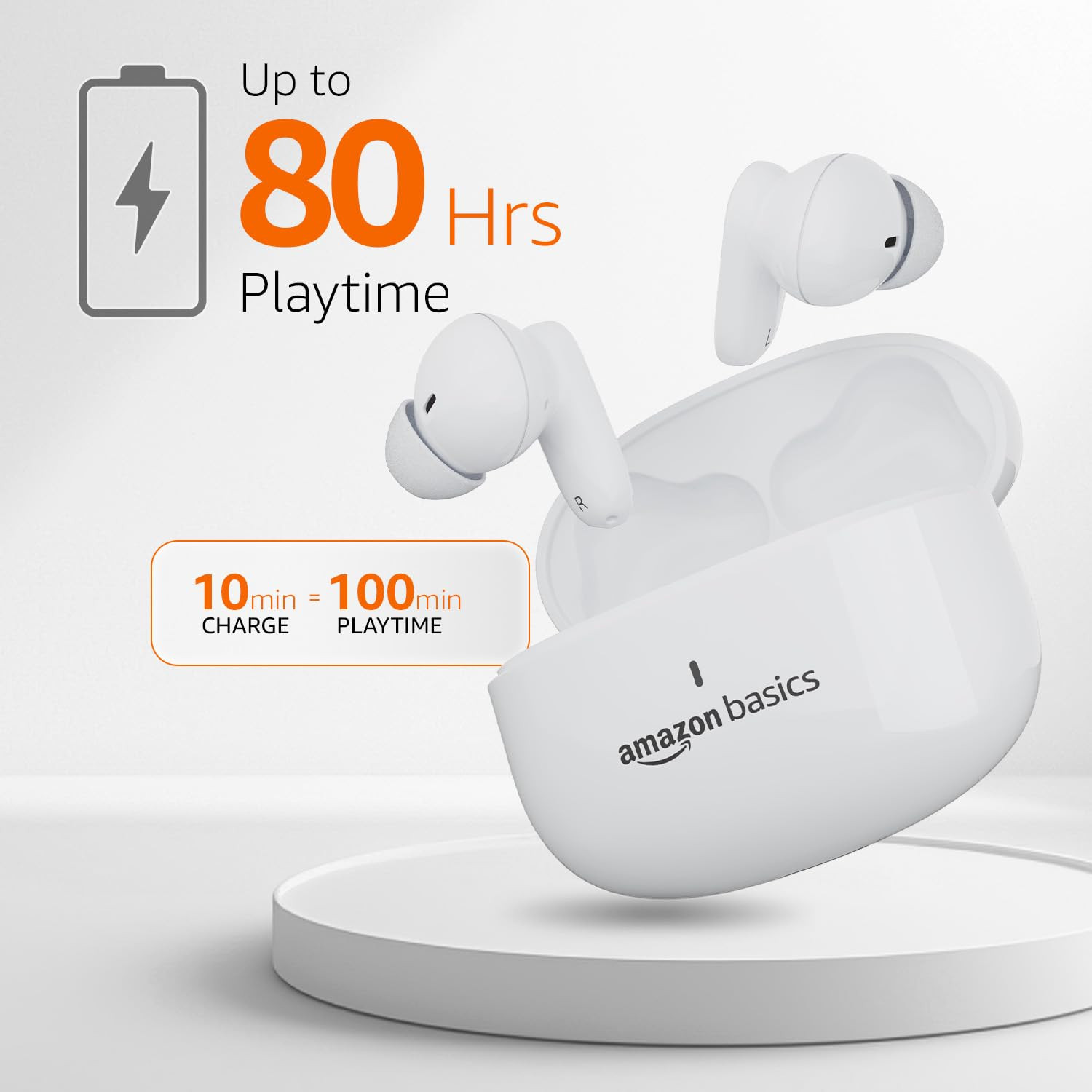 amazon basics TWS in-Ear Earbuds P80 with Fast Charging up to 80 Hours of Playtime Dual 12mm Driver IPX4 Water-Resistance Bluetooth 53 Quad Mic with ENC Touch Control White