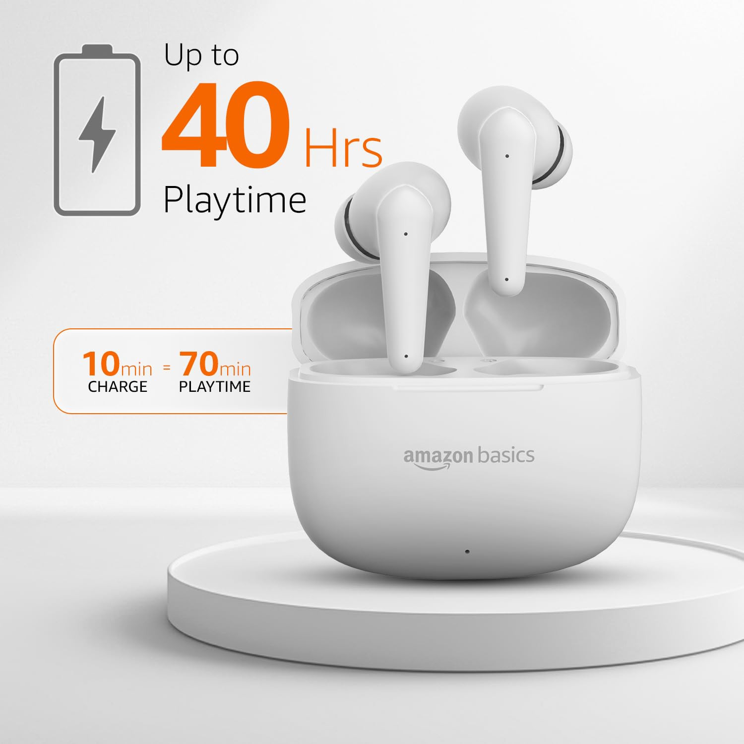 amazon basics TWS in-Ear Earbuds S94 with Fast Charging up to 40 Hours of Playtime Dual 10mm Driver IPX4 Water-Resistance Bluetooth 53 Touch Control White