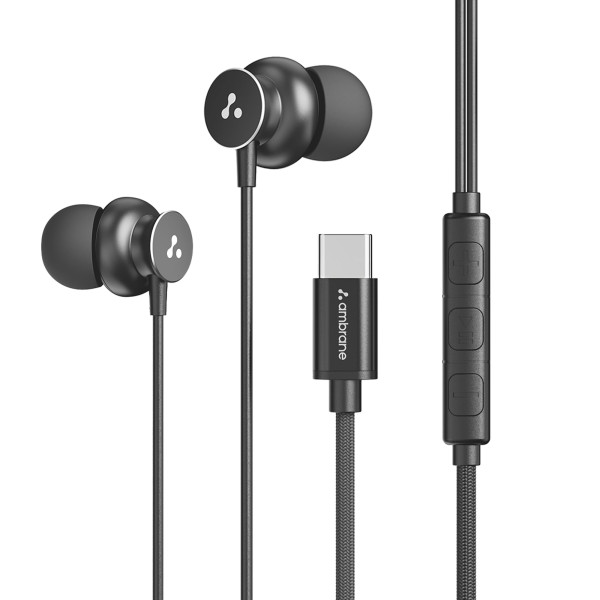 Image of Ambrane Type C Wired in Ear Earphones with in-Line Mic for Clear Calling,1.2M Cable,10Mm Dynamic Drivers for Boostedbass,Control Buttons for iPhone 15,Samsung&amp;Type C Devices(Stringz 38C,Black)