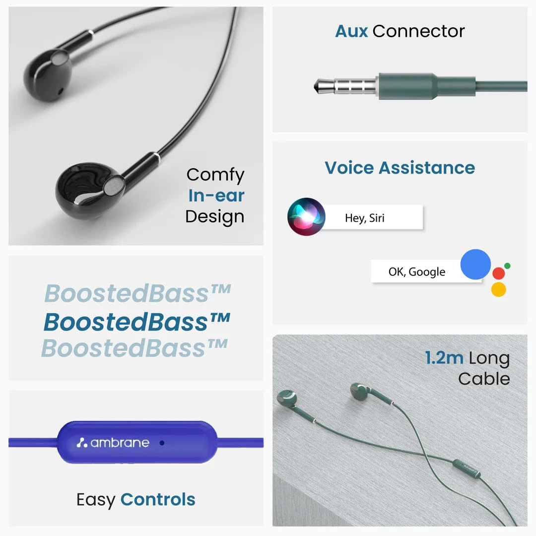 Ambrane Wired Headphones in Earphones with in-Line Mic for Clear Calling 14Mm Dynamic Drivers for Boostedbass 35Mm Jack Multi-Functional Controller Stringz 38 Lite Blue