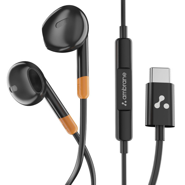 Image of Ambrane Wired Type C in Ear Earphones with in-line Mic for Clear Calling, 1.2M Cable, 14mm Dynamic Drivers for BoostedBass, Multi-Functional Controller for Type C Enabled Mobiles (Stringz 02, Black)