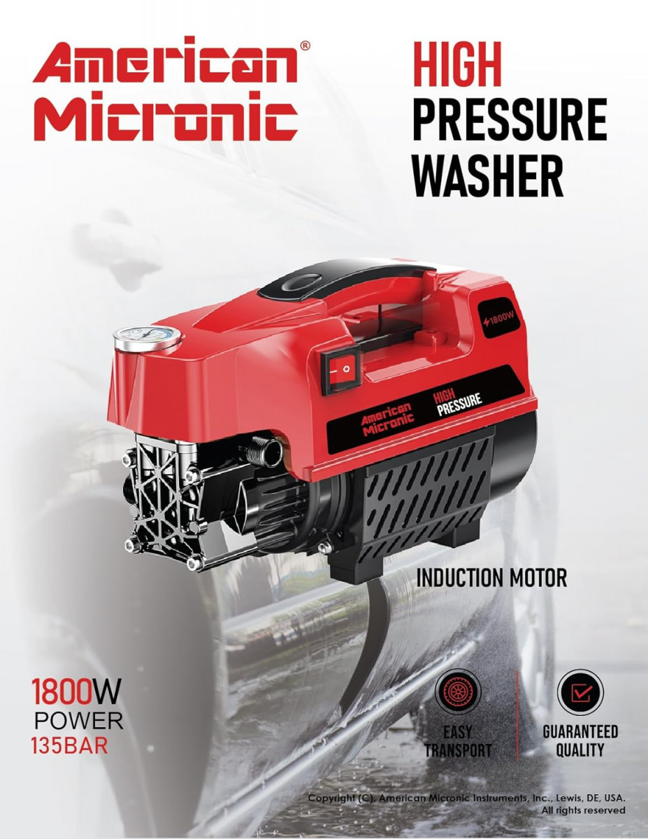AMERICAN MICRONIC INSTRUMENTS-High Pressure Washer 1800 Watts 135 Bars 65LMin Flow Rate 8 Meters Outlet Hose Isi Marked 4 Meter Wire And Plug-Black And Red