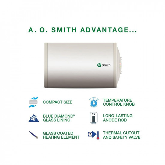 AO Smith HAS-X1-015-RHS Storage 15 Litre Horizontal Water Heater GeyserRust-proof outer BodyCompact SizeFits under false ceilingsSuitable- High-rise Buildings8 Bar High Pressure rating
