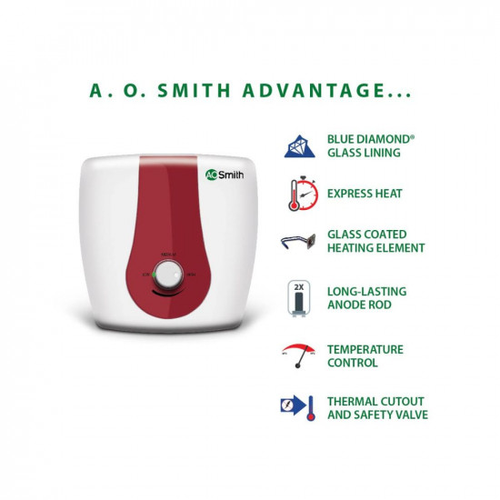 AO Smith SGS-GREEN SERIES-015 Storage 15 Litre Vertical Water Heater Geyser33 Faster HeatingSave on Energy Bills with BEE 5 Star RatingEnhanced Durability with Blue Diamond Tank CoatingABS Body