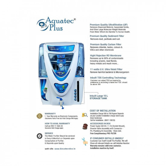 Aquatec Plus - Epic 15L RO UV UF TDS Water Purifier for Home White Work Up to 2500 TDS