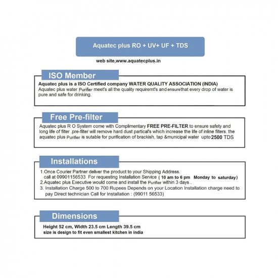 Aquatec Plus - Epic 15L RO UV UF TDS Water Purifier for Home White Work Up to 2500 TDS