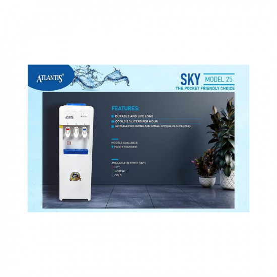ATLANTIS Sky Hot Cold and Normal Bottled Water Dispenser Floor Standing with Refrigeration Cooling 25 Liter per Hour - 3 Taps Functions Free 1 Pack 10 Sachets Ginger Chai Premix