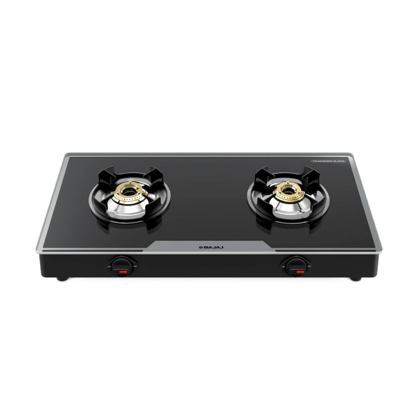 Image of Bajaj 2Brgp7 Stainless Steel Glass Top Gas Stove with 2 Brass Burners, Isi Certified, Anti-Viral &amp; Anti-Bacterial Coating, Black, Regular, Open