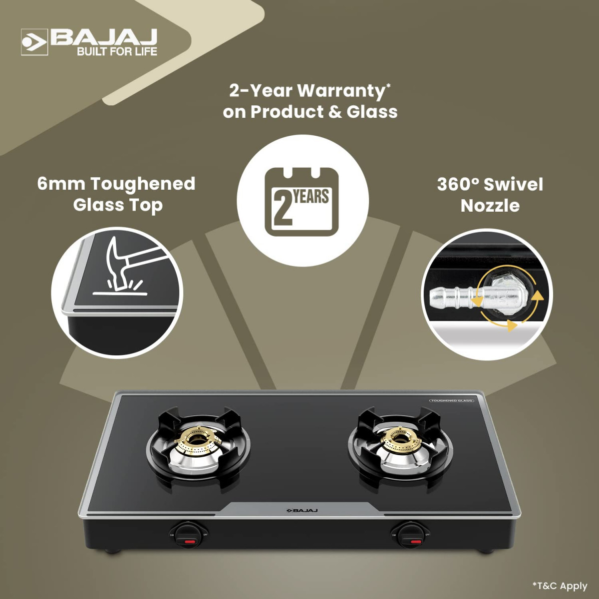 Bajaj 2Brgp7 Stainless Steel Glass Top Gas Stove with 2 Brass Burners Isi Certified Anti-Viral Anti-Bacterial Coating Black Regular Open