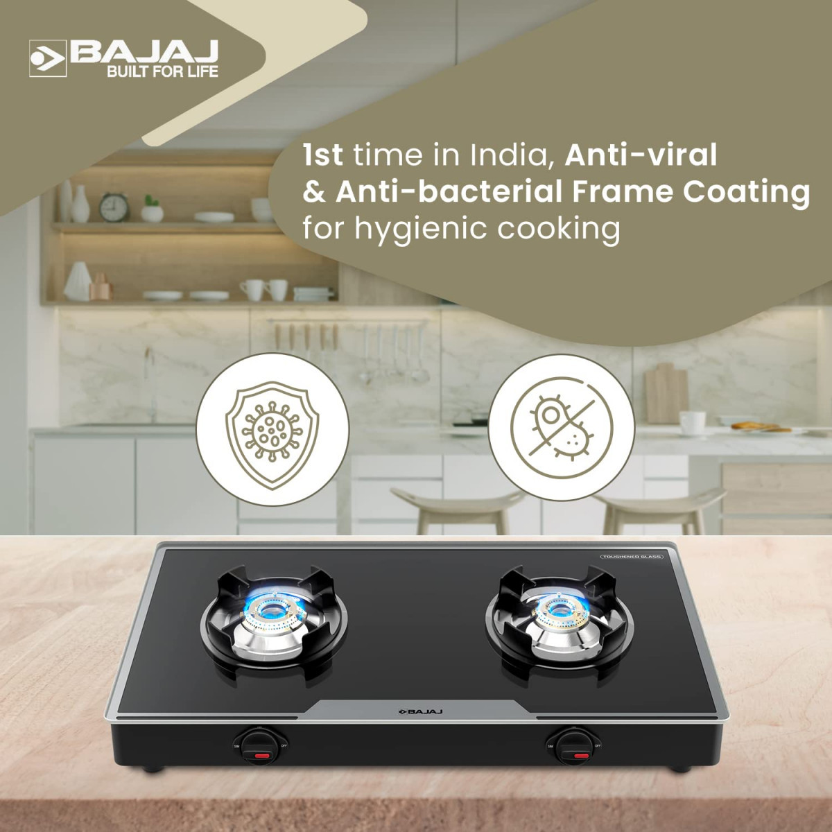 Bajaj 2Brgp7 Stainless Steel Glass Top Gas Stove with 2 Brass Burners Isi Certified Anti-Viral Anti-Bacterial Coating Black Regular Open