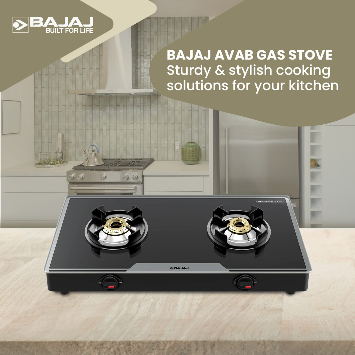 Bajaj 2Brgp7 Stainless Steel Glass Top Gas Stove with 2 Brass Burners Isi Certified Anti-Viral Anti-Bacterial Coating Black Regular Open