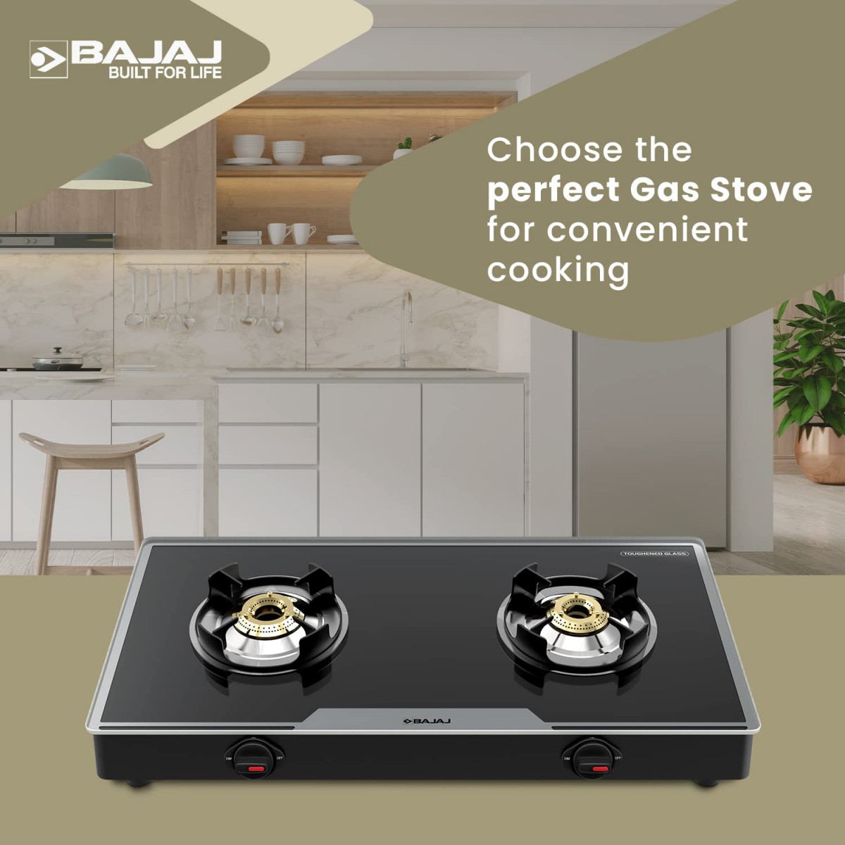 Bajaj 2Brgp7 Stainless Steel Glass Top Gas Stove with 2 Brass Burners Isi Certified Anti-Viral Anti-Bacterial Coating Black Regular Open