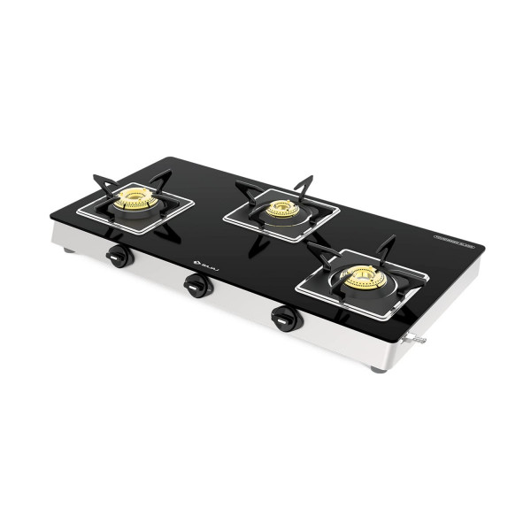 Image of Bajaj 3BJGS7 Stainless Steel Glass Top Gas Stove with 3 Brass Burners, ISI Certified, Black, Regular