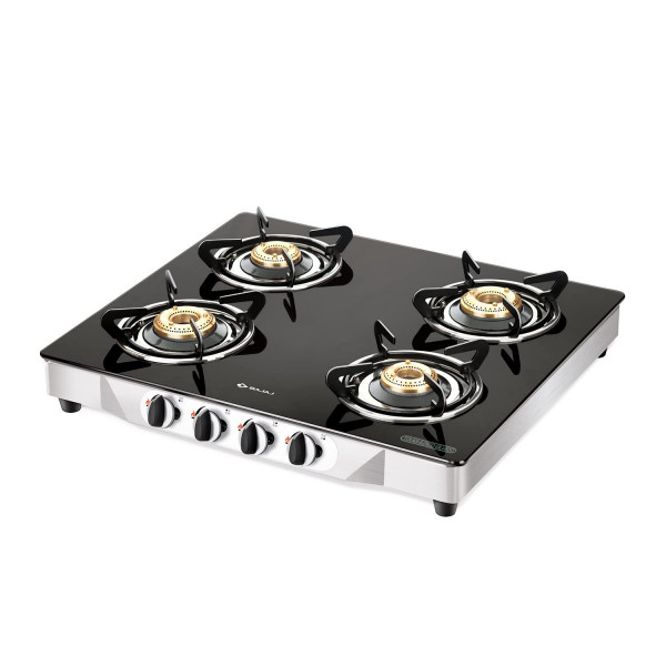 Image of Bajaj CGX4, 4-Burner Stainless Steel &amp; Glass, ISI Certified, Gas Stove (Black, Manual)