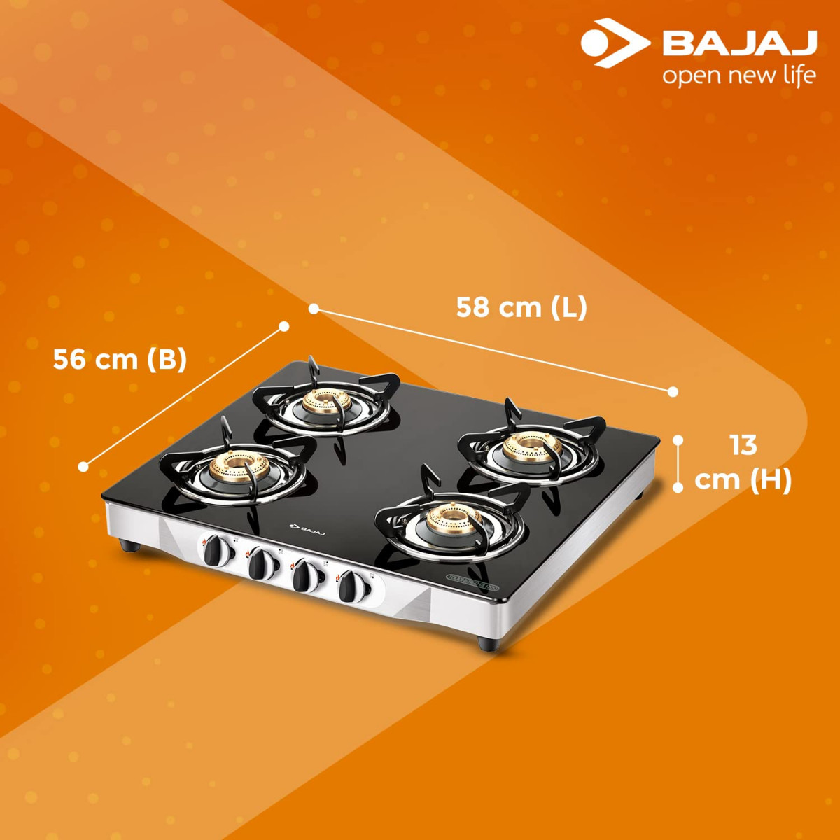 Bajaj CGX4 4-Burner Stainless Steel Glass ISI Certified Gas Stove Black Manual