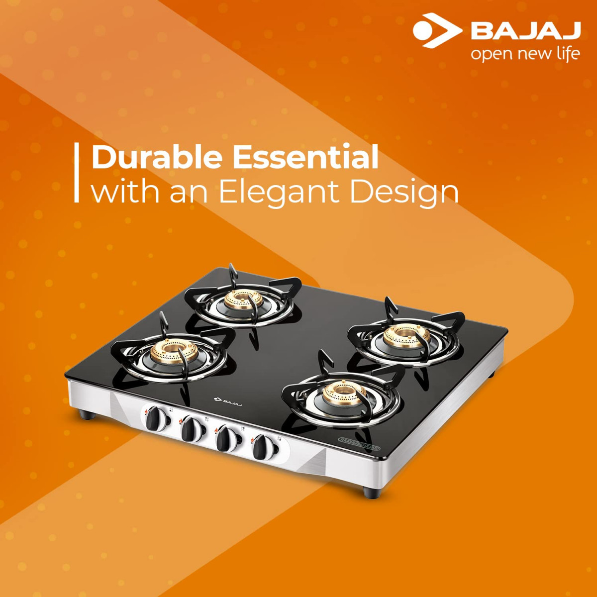Bajaj CGX4 4-Burner Stainless Steel Glass ISI Certified Gas Stove Black Manual