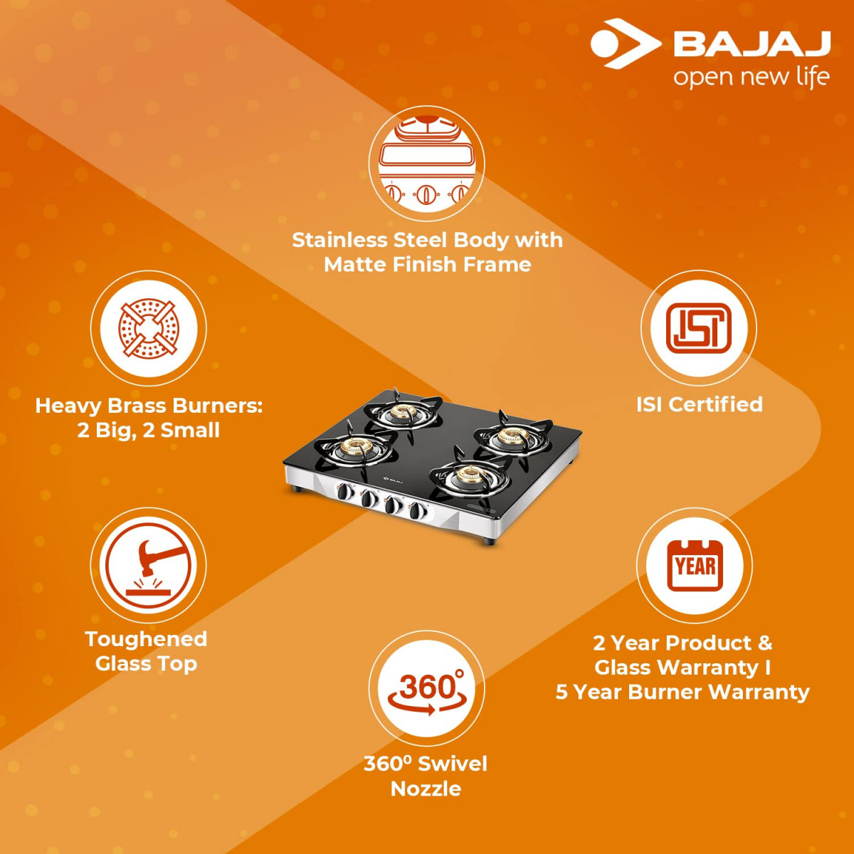 Bajaj CGX4 4-Burner Stainless Steel Glass ISI Certified Gas Stove Black Manual