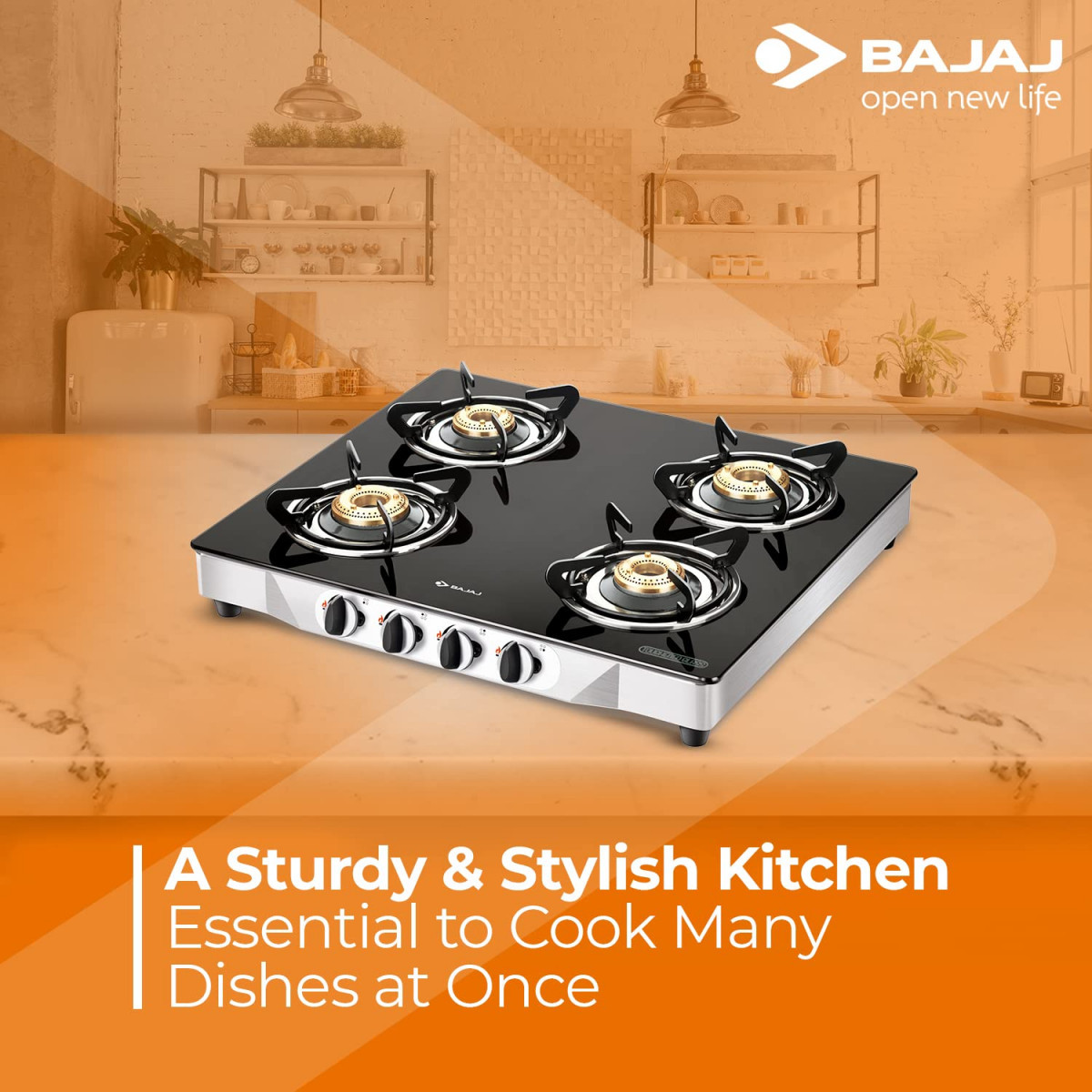 Bajaj CGX4 4-Burner Stainless Steel Glass ISI Certified Gas Stove Black Manual