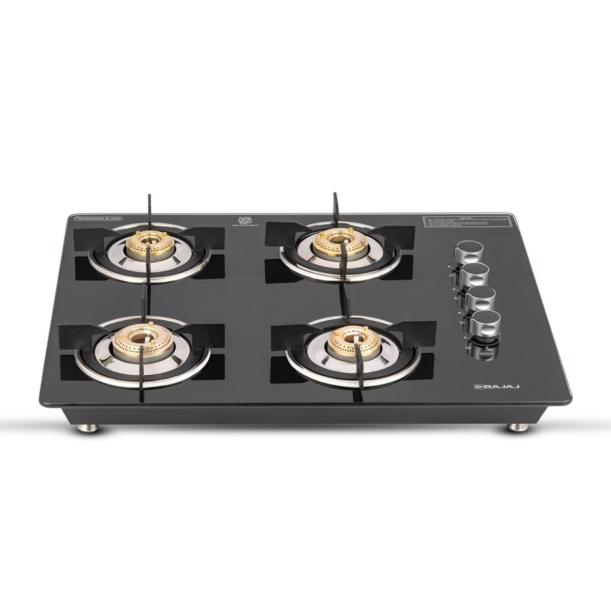 Bajaj Dual Hob Top Gas Stove 4 Burners8mm Toughened Glasstop Smart Swivel Nozzle Stainless Steel DripTrayBrass BurnersISI Certified 2-Yr Warranty by Bajaj Black