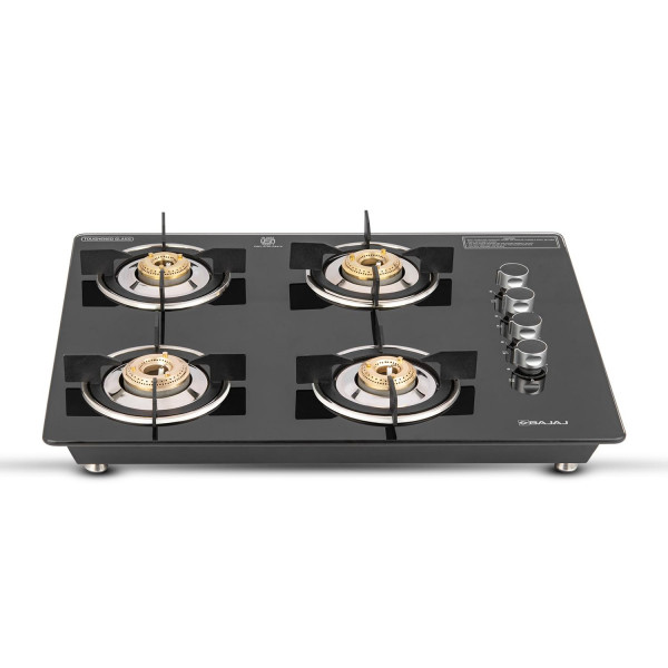 Image of Bajaj Dual Hob Top &amp; Gas Stove 4 Burners|8mm Toughened Glasstop| Smart Swivel Nozzle| Stainless Steel DripTray|Brass Burners|ISI Certified| 2-Yr Warranty by Bajaj| Black