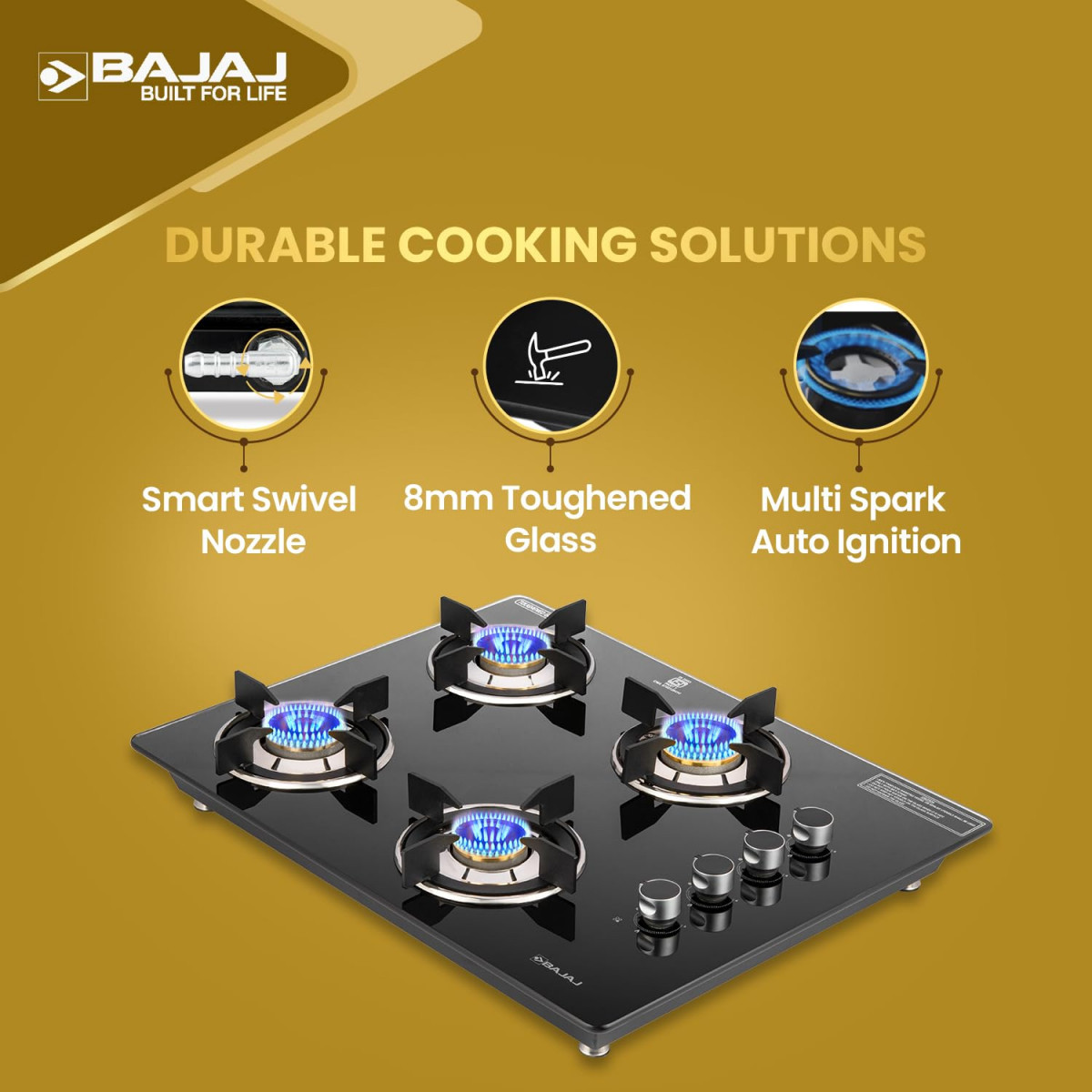 Bajaj Dual Hob Top Gas Stove 4 Burners8mm Toughened Glasstop Smart Swivel Nozzle Stainless Steel DripTrayBrass BurnersISI Certified 2-Yr Warranty by Bajaj Black