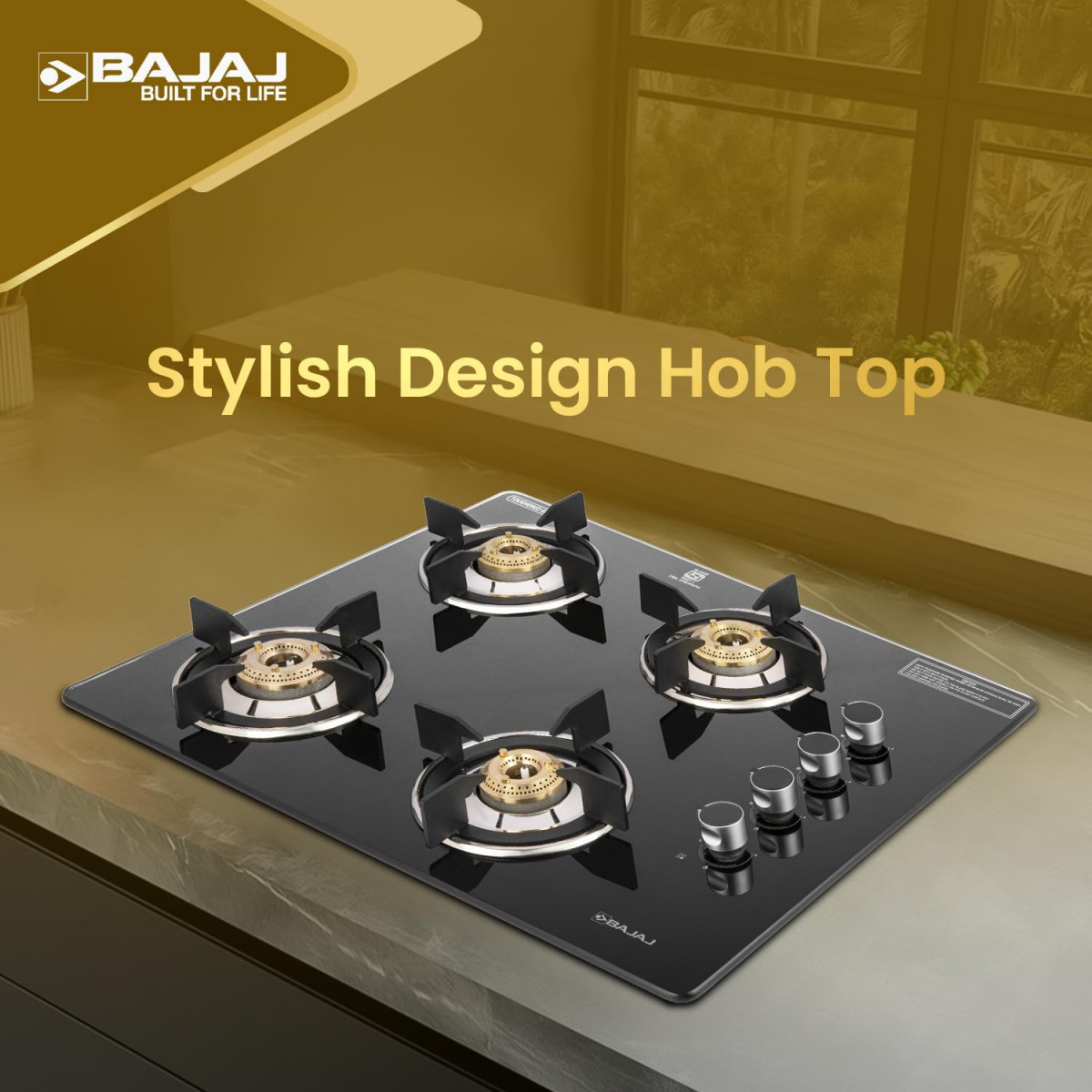 Bajaj Dual Hob Top Gas Stove 4 Burners8mm Toughened Glasstop Smart Swivel Nozzle Stainless Steel DripTrayBrass BurnersISI Certified 2-Yr Warranty by Bajaj Black
