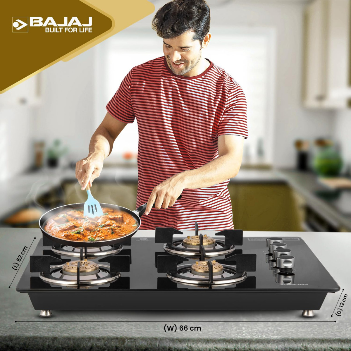 Bajaj Dual Hob Top Gas Stove 4 Burners8mm Toughened Glasstop Smart Swivel Nozzle Stainless Steel DripTrayBrass BurnersISI Certified 2-Yr Warranty by Bajaj Black