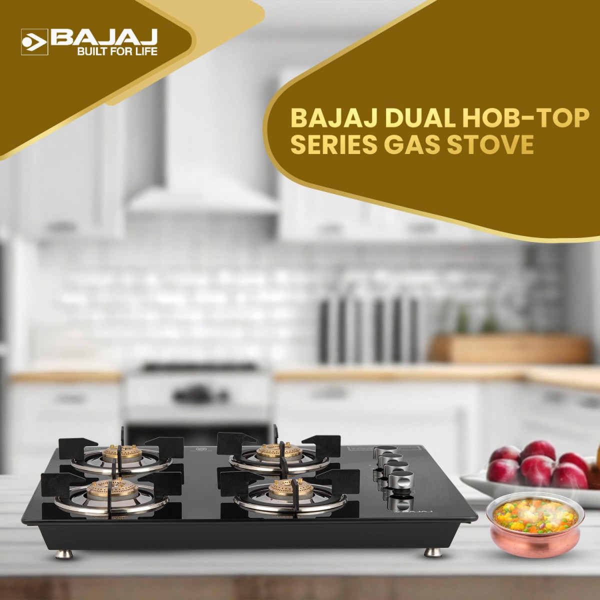 Bajaj Dual Hob Top Gas Stove 4 Burners8mm Toughened Glasstop Smart Swivel Nozzle Stainless Steel DripTrayBrass BurnersISI Certified 2-Yr Warranty by Bajaj Black