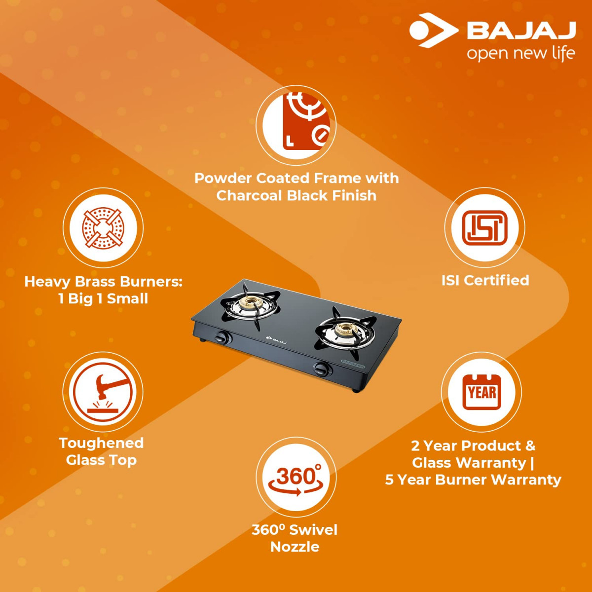 Bajaj GP6 2-Burner Stainless Steel Glass Gas Stove Manual Black ISI Certified