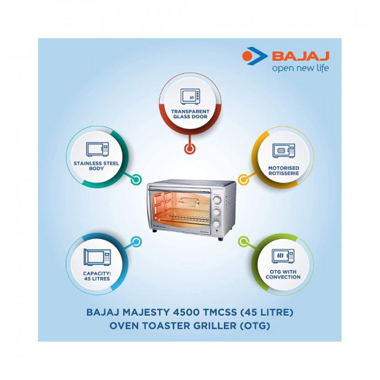 Bajaj Majesty 4500 TMCSS 45 Litre Oven Toaster Grill 45 Litres OTG with Motorised Rotisserie Convection Fan Stainless Steel Body Transparent Glass Door 2 Year Warranty Silver