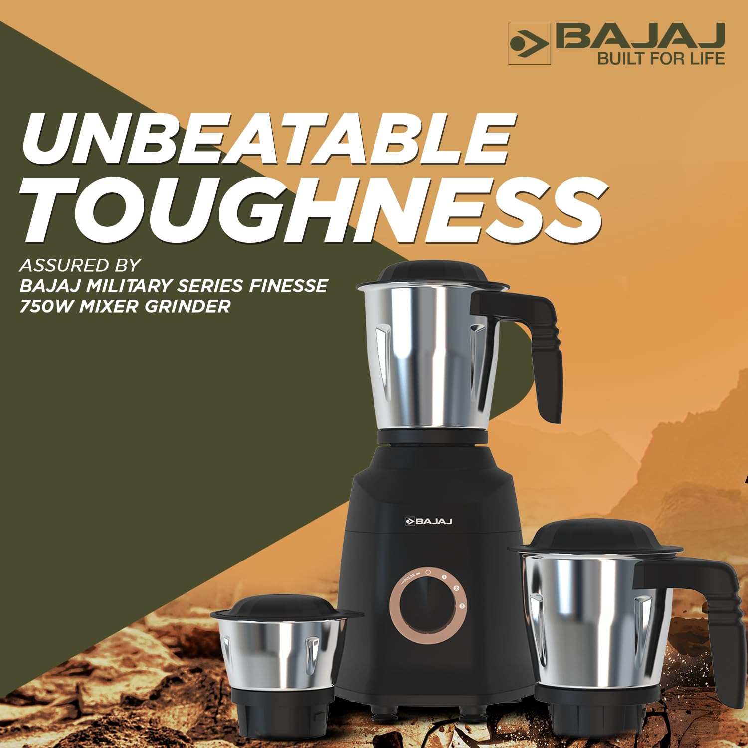 Bajaj Military Series Finesse 750W Mixer Grinder 3 Stainless Steel Military Grade Jars DuraCut Blades Midnight Black 750 Watts