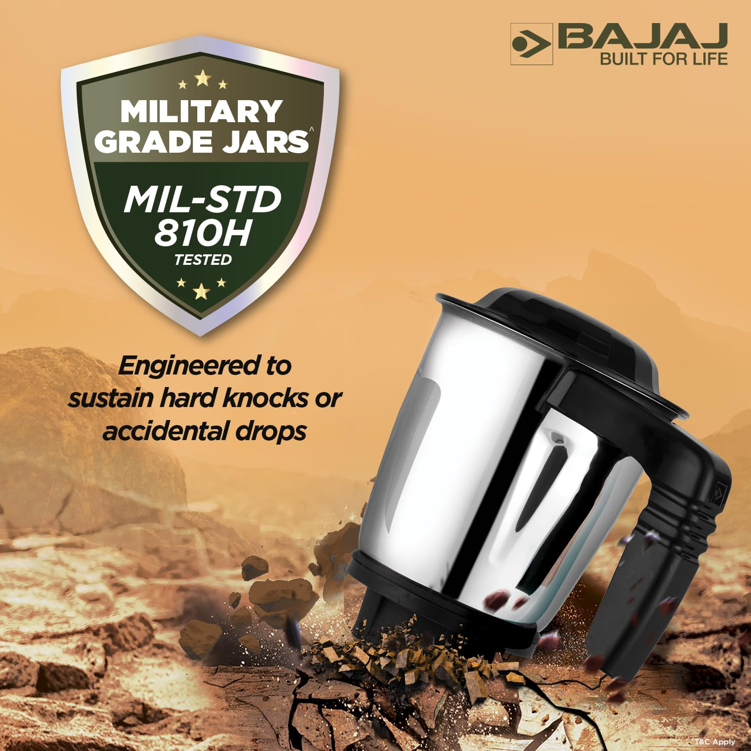 Bajaj Military Series Finesse 750W Mixer Grinder 3 Stainless Steel Military Grade Jars DuraCut Blades Midnight Black 750 Watts