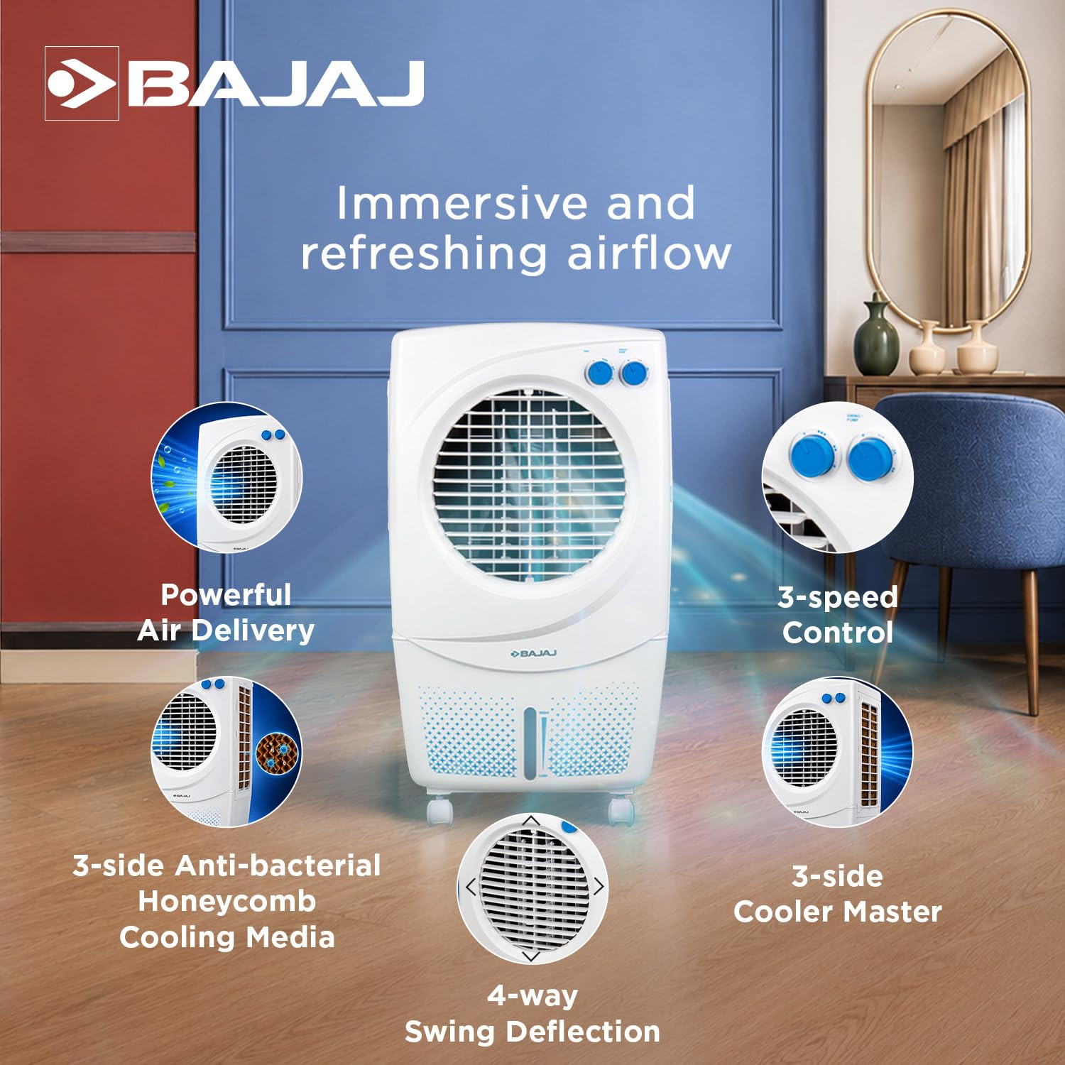 Bajaj PX 97 Torque New 36L Personal Air Cooler For RoomHoneycomb Cooling PadsHigh-Speed 30Ft Powerful Air Throw3-Speed ControlPortable Cooler-Home1 Yr Product WarrantyWhite