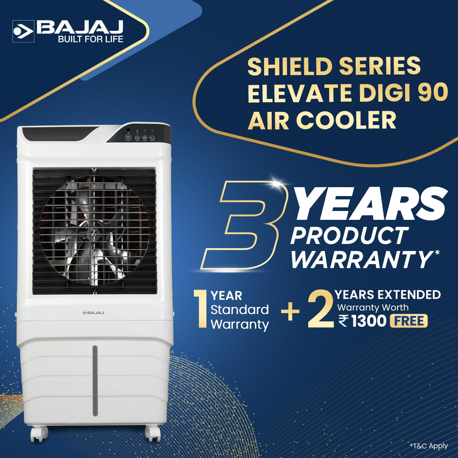 Bajaj Shield Series Elevate 90 Digi Air Cooler Duratuff Pro Motor Duramarine Pro Pump 3-Yr Warranty Anti-Bacterial Hexacool Master 3-Speed Control White