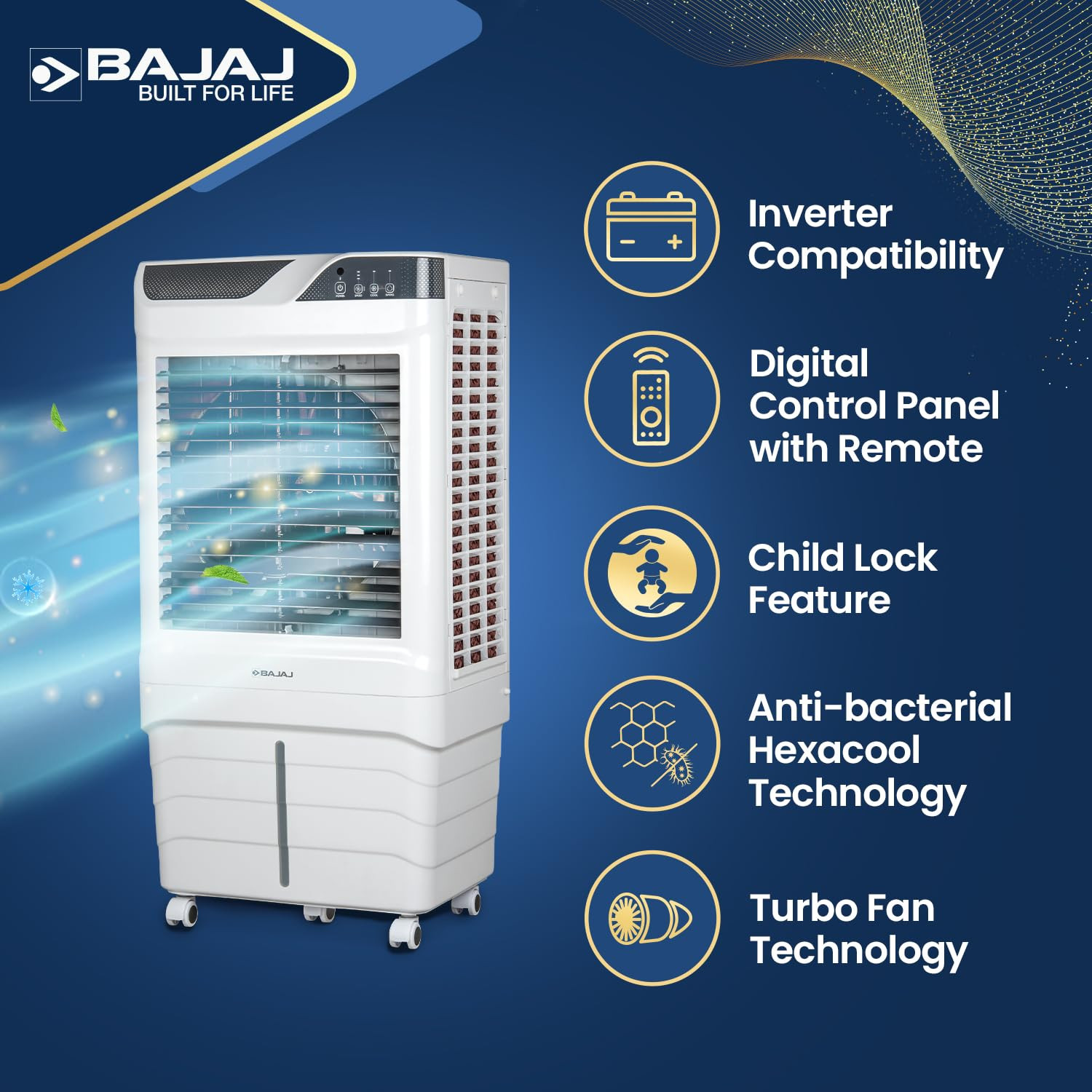 Bajaj Shield Series Elevate 90 Digi Air Cooler Duratuff Pro Motor Duramarine Pro Pump 3-Yr Warranty Anti-Bacterial Hexacool Master 3-Speed Control White