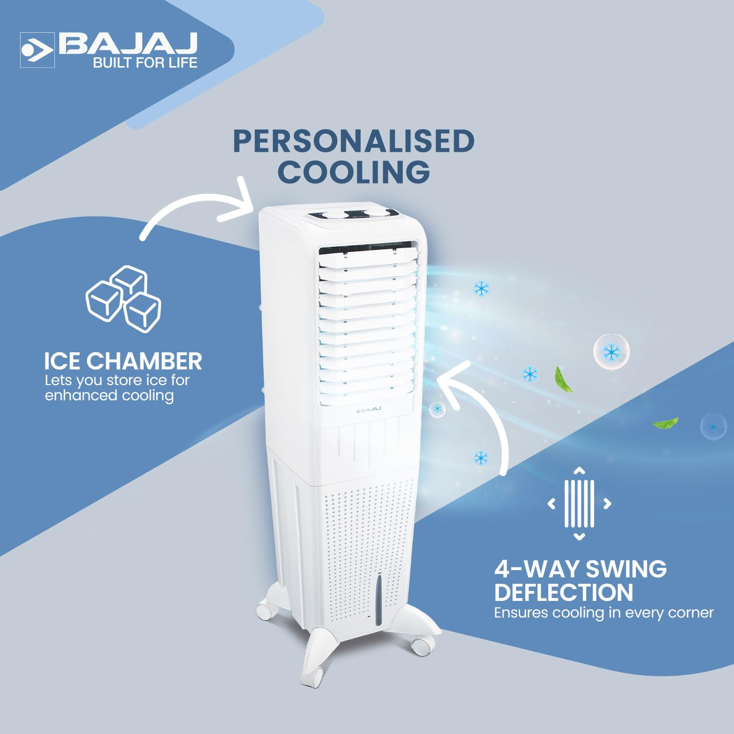 Bajaj TMH35 35L Tower Air Cooler with DuraMarine Pump 2-Yr Warranty by Bajaj Ice Chamber Anti-Bacterial Hexacool Master Typhoon Blower Technology Portable AC White Air Cooler for Home