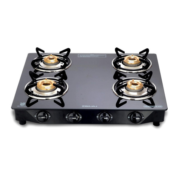 Image of Bajaj Ultra 4 Burner Gas Stove | 6mm Toughened Glass top with Charcoal Finish Powder Coasted Frame | 4 Brass Burners | 1-Yr Warranty * by Bajaj | Black