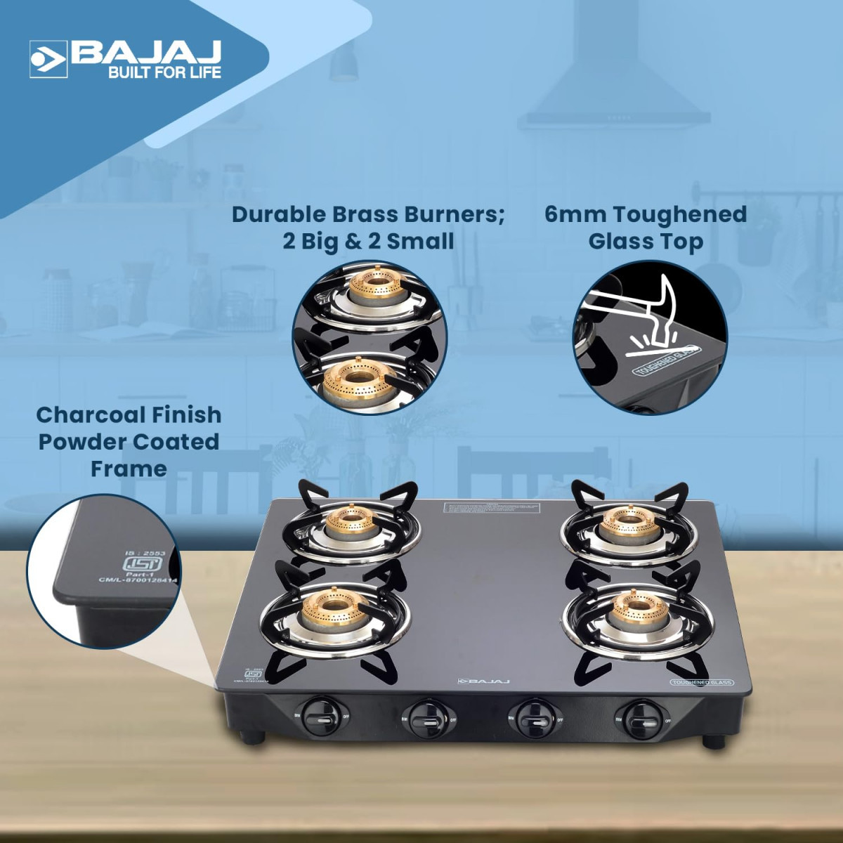 Bajaj Ultra 4 Burner Gas Stove 6mm Toughened Glass top with Charcoal Finish Powder Coasted Frame 4 Brass Burners 1-Yr Warranty by Bajaj Black