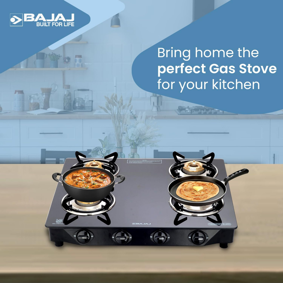 Bajaj Ultra 4 Burner Gas Stove 6mm Toughened Glass top with Charcoal Finish Powder Coasted Frame 4 Brass Burners 1-Yr Warranty by Bajaj Black