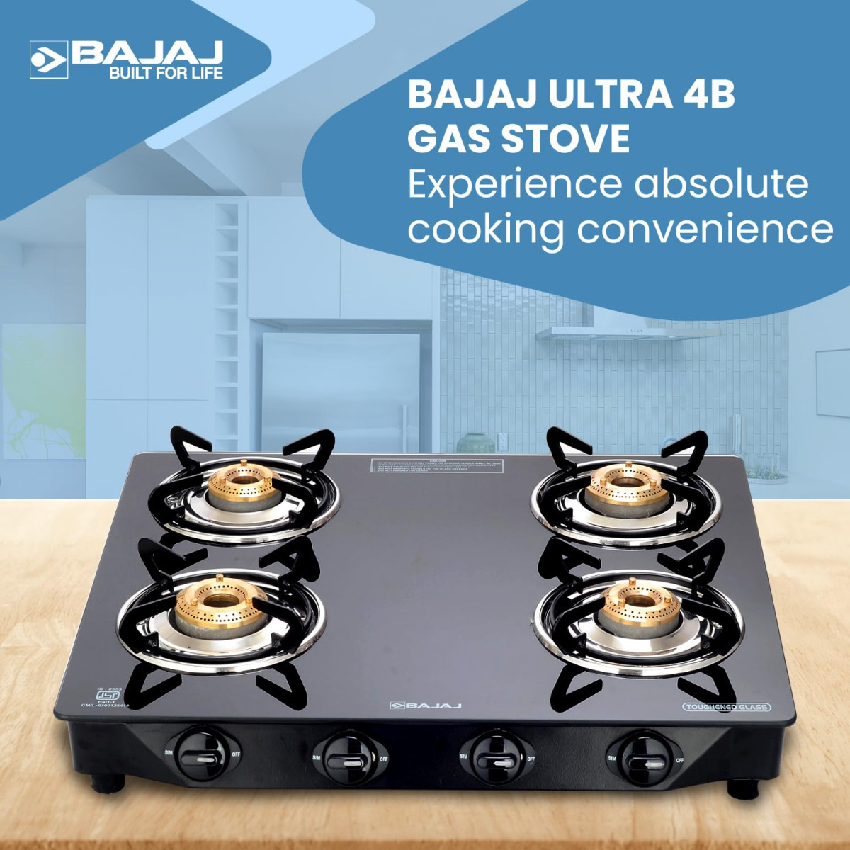 Bajaj Ultra 4 Burner Gas Stove 6mm Toughened Glass top with Charcoal Finish Powder Coasted Frame 4 Brass Burners 1-Yr Warranty by Bajaj Black