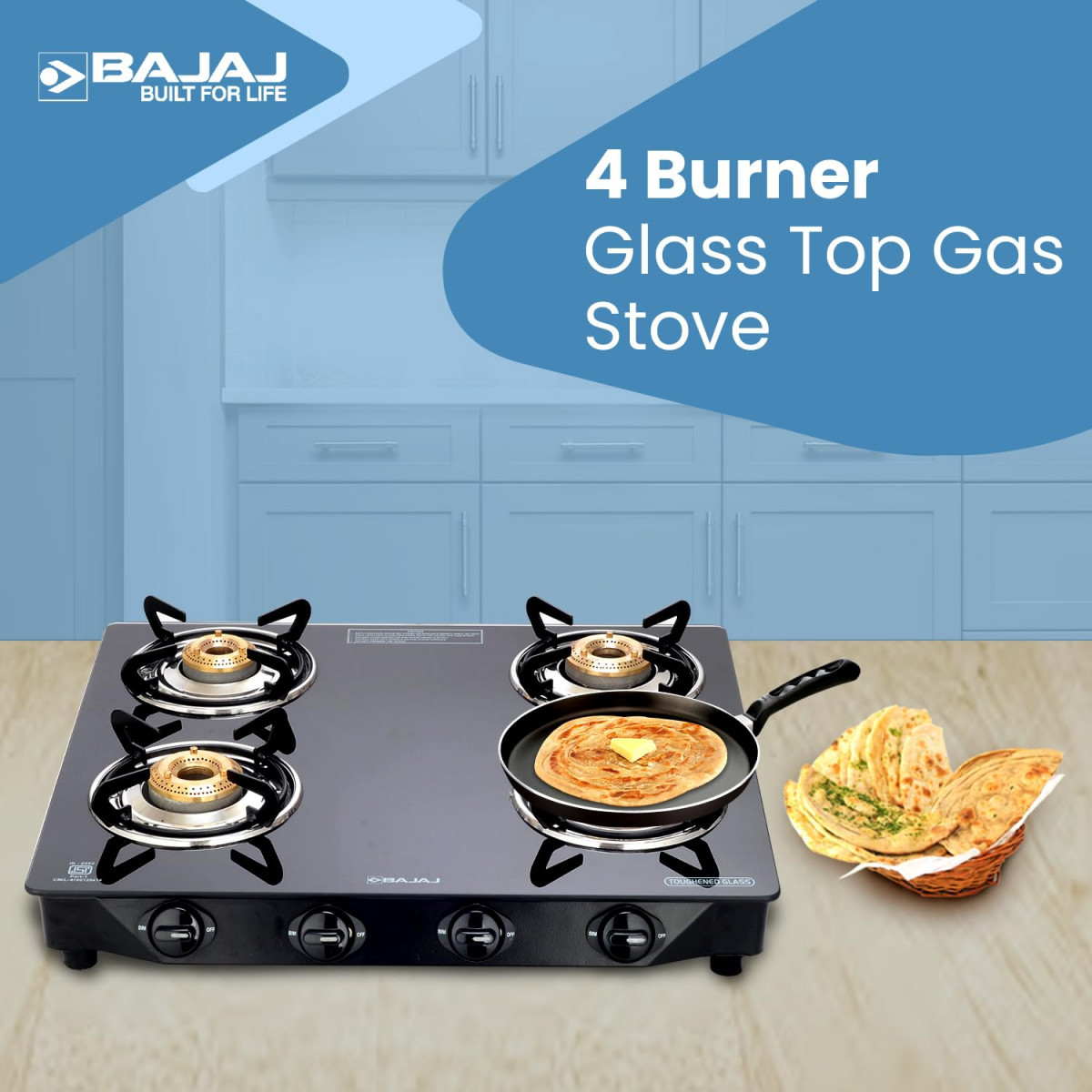 Bajaj Ultra 4 Burner Gas Stove 6mm Toughened Glass top with Charcoal Finish Powder Coasted Frame 4 Brass Burners 1-Yr Warranty by Bajaj Black