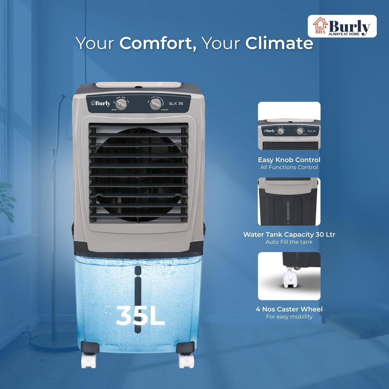 BHABURLY  GLX 35 LTR  Personal Portable Cooler with Anti Bacterial Honeycomb  Highest Airthrow in Segment  Auto Swing  3 Speed Control  Low Power Consumption  One Year Warranty