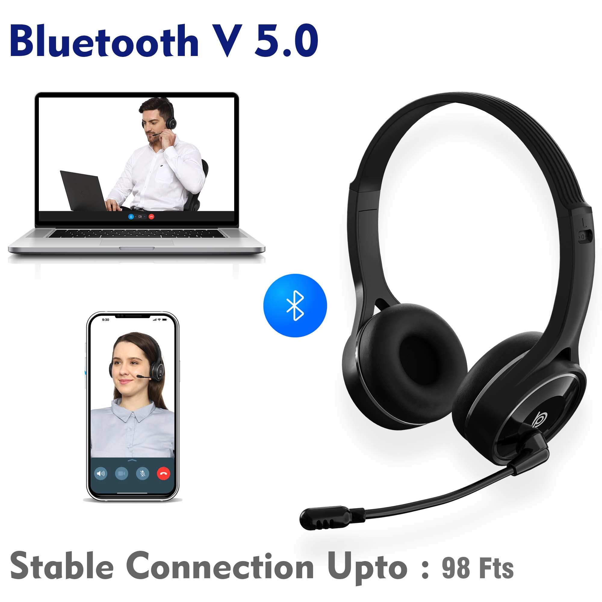 BigPassport Bluetooth Wireless Over-Ear Headset with Mic Noise-Cancelling Headphones for Skype Zoom Online Meetings Call Center Office PC Laptop Pro-AirBp30 Black