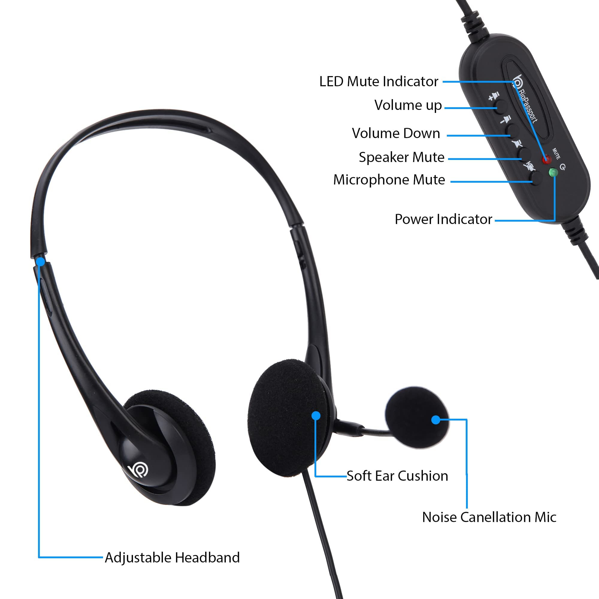 BigPassport USB Wired On-Ear Headphones with Mic Stereo Headset with Microphone for Laptop PC Office Skype Online Classes Calls Interview Zoom Teams USB Audio Pro-Tech 491