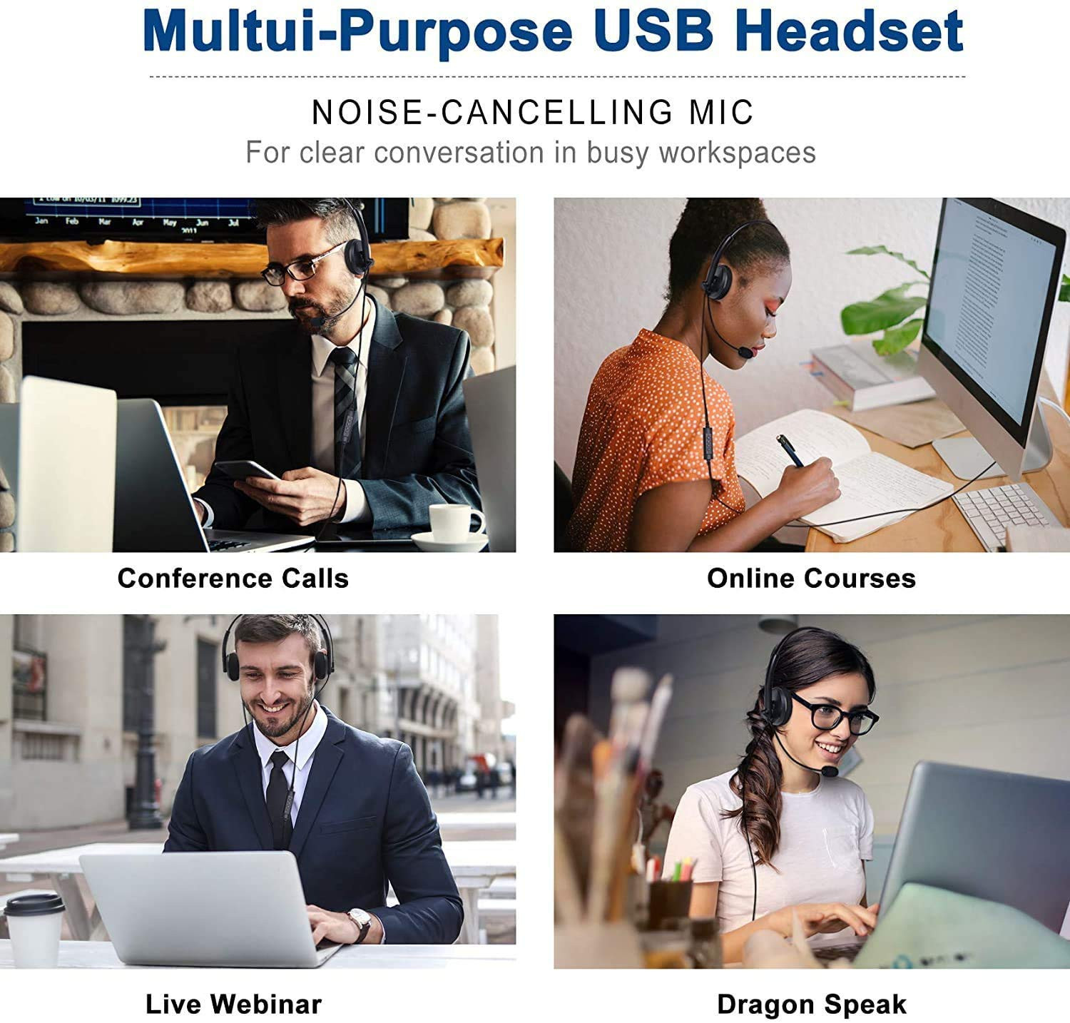 BigPassport USB Wired Over-Ear Headphones with Mic Noise-Cancelling Headset for PC Laptop Computer Office Skype Zoom Online Classes Call Center USB Audio Pro-Tech 134 Black