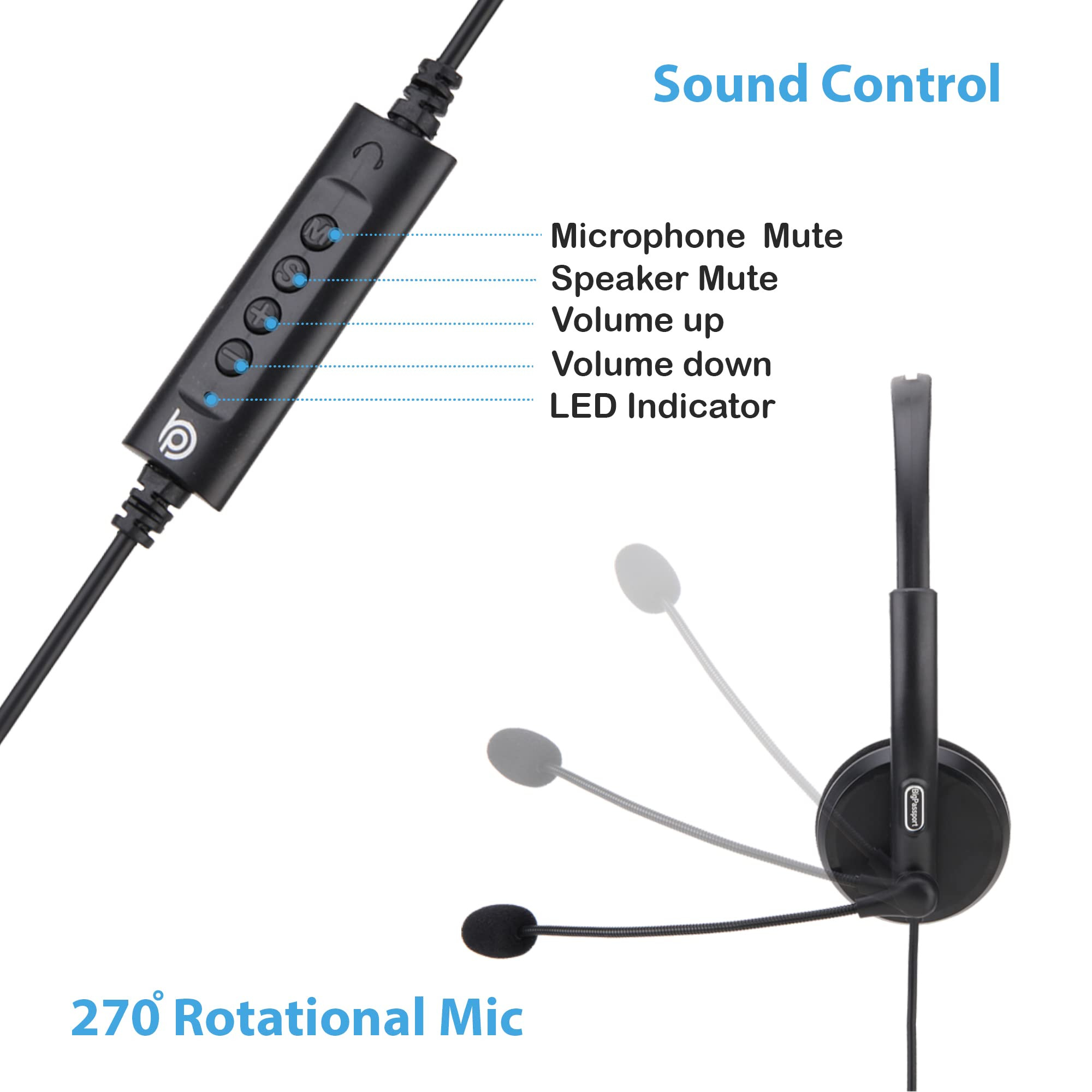 BigPassport USB Wired Over-Ear Headphones with Mic Noise-Cancelling Headset for PC Laptop Computer Office Skype Zoom Online Classes Call Center USB Audio Pro-Tech 134 Black