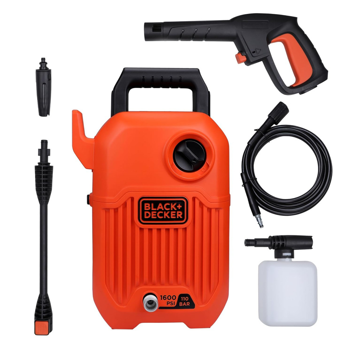 BLACKDECKER BEPW1600 1300W 1600 PSI 110 Bar Pressure Washer for Car Bike Home Garden Cleaning Use with Multiple Accessories Included 1 Year Warranty Orange Black